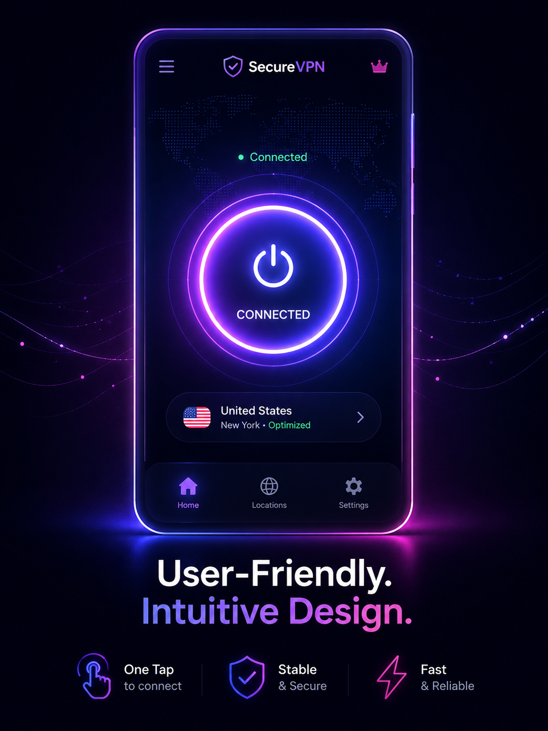 Next Bolt VPN app showing a one-tap connect button and selected server location